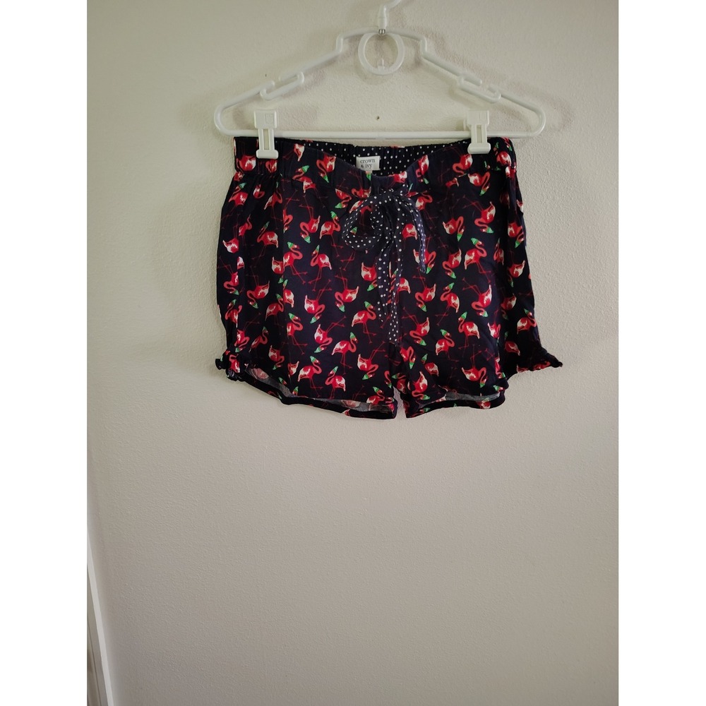 Crown & Ivy Navy Polka Dot Flamingo Pajama Shorts Medium Ruffle Sleepwear Lounge